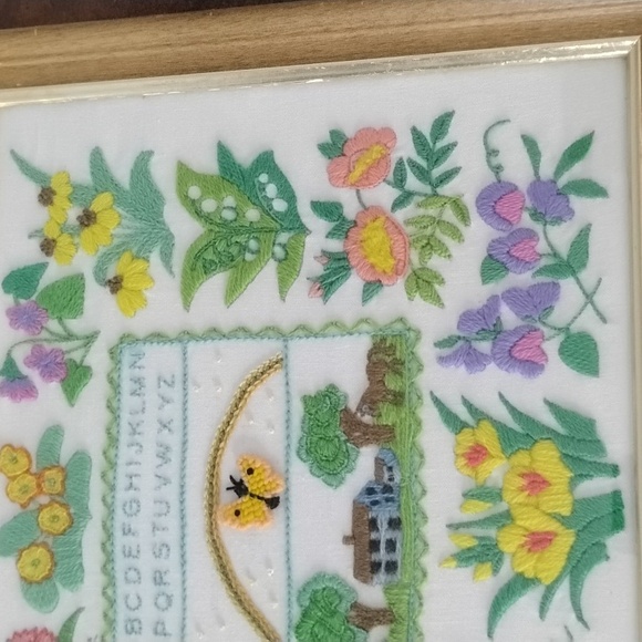 . Vintage Embroidery Wall Art - Floral Alphabet Sampler - Framed Cross Stitch - Picture 4 of 5